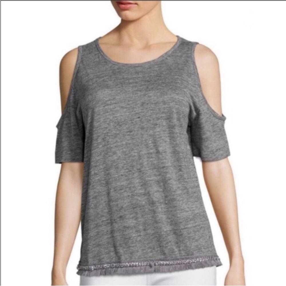 Derek Lam 10 Crosby M 100% Linen Fringe Gray Cold Shoulder Top